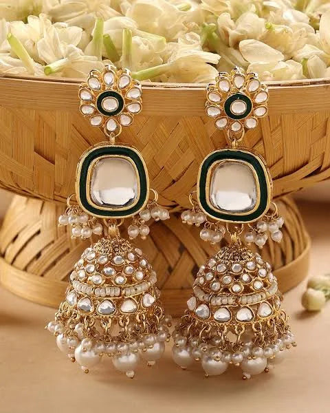 Gold Plated Dome Shaped Kundan Studded & Beaded Jhumkas