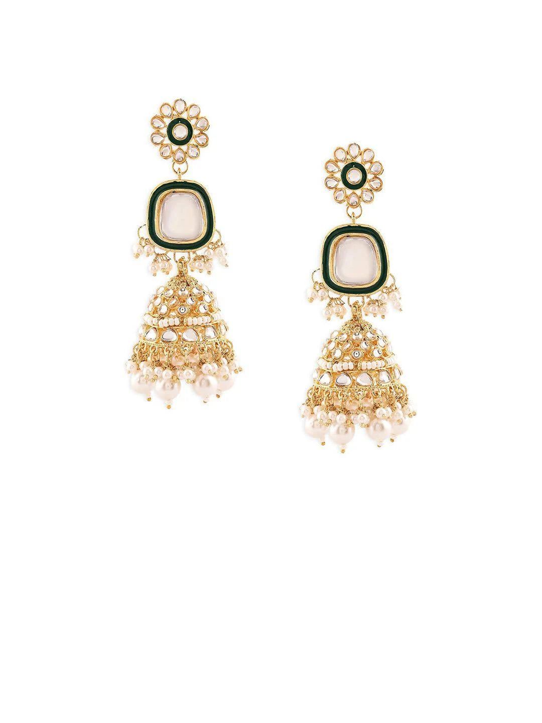 Gold Plated Dome Shaped Kundan Studded & Beaded Jhumkas